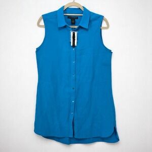 Grace Elements Linen Tencel Button Down Shirt Woman Medium Sleeveless Blue NWT‎